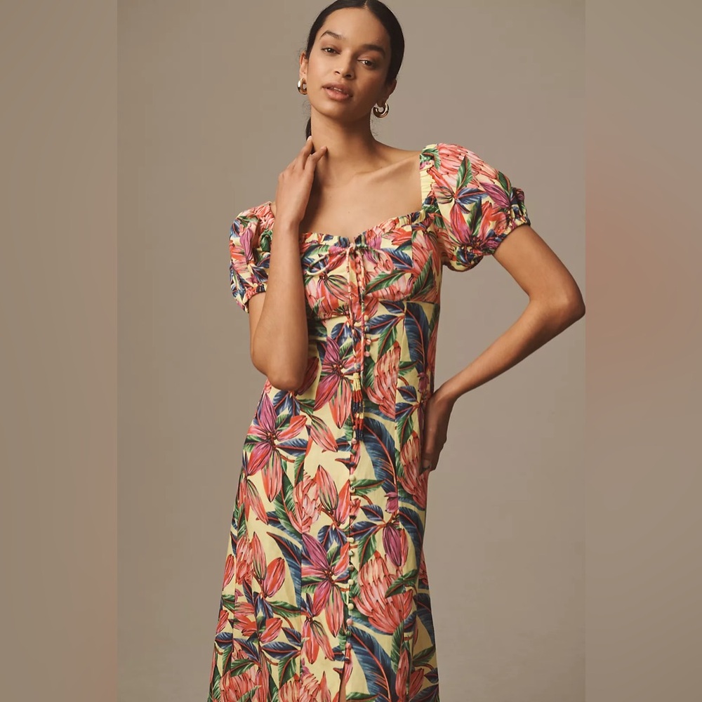Farm Rio x Anthropologie Puff-Sleeve Sweetheart Linen Midi Dress - Picture 3 of 4